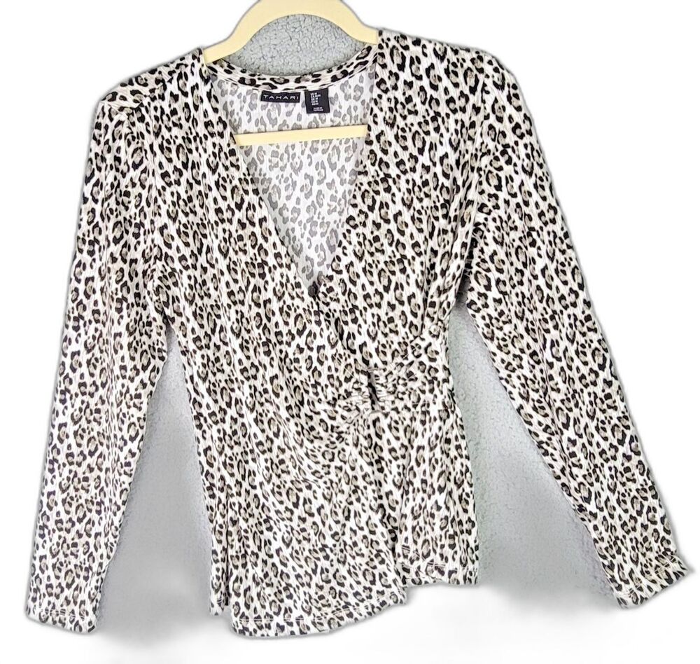 Tahari Blouse Brown Cream Leopard M Surplice Neck Gold Buckle Ruched Long Sleeve